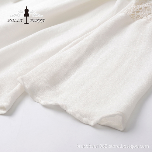 V-neck Women's Blouse Long Sleeve With Lace Pannel